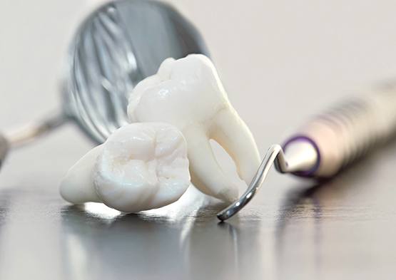 Prop teeth on desk with dental tools